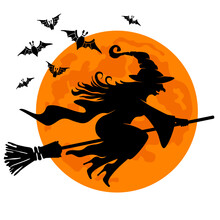 Halloween Design Element. Silhouette Of Old Witch Flying On Broomstick With Flock Of Bats And Mystical Full Moon. Isolated On White Background. Vector Illustration