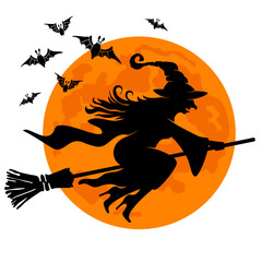 Halloween design element. Silhouette of old witch flying on broomstick with flock of bats and mystical full moon. Isolated on white background. Vector illustration