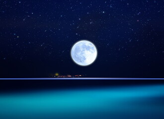 Wall Mural - starry sky blue moon nebula reflection on on sea water beautiful seascape milky way universe templat