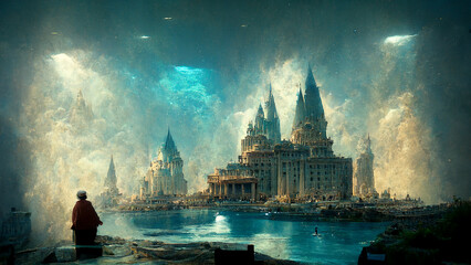 illustration of atlantis, ancient civilization, history and mythology, legend city sunken under the 