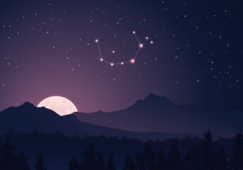 Wall Mural - night landscape with mountains and constellation of corona borealis. stars in the night sky. constel
