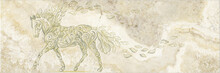 High-quality Porcelain Or Marble Panel Tile With Carved Foliage Horse For Wall Or Ground Decoration, 3d Illustration.