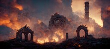 Ruins On Ancient City Destroyed By Dragon Fire - Digital Art, Concept Art, 3D Render
