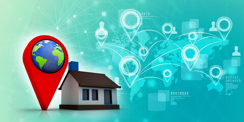 Fototapete - 3d illustration Search for Property. A Map with Large Red GPS Pointer near home