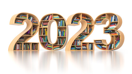 Poster - Happy 2023 new year education concept. Bookshelves with books in the form of text 2023.