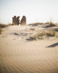 Poster - Vertical shot of the ruins of an old tower behind beach dunes in Torre Flavia,Marina Cerveteri,Italy