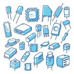 basic electrical components element start to leaning icon symbols blue drawing on white isolate simple 