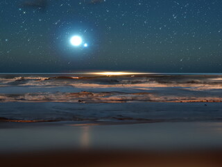 Wall Mural - sunset reflection at sea water beach sand night blue starry sky and moon , nebula on sea beautiful s