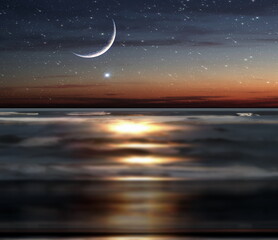 Wall Mural - sunset reflection at sea water beach sand night blue starry sky and moon , nebula on sea beautiful s