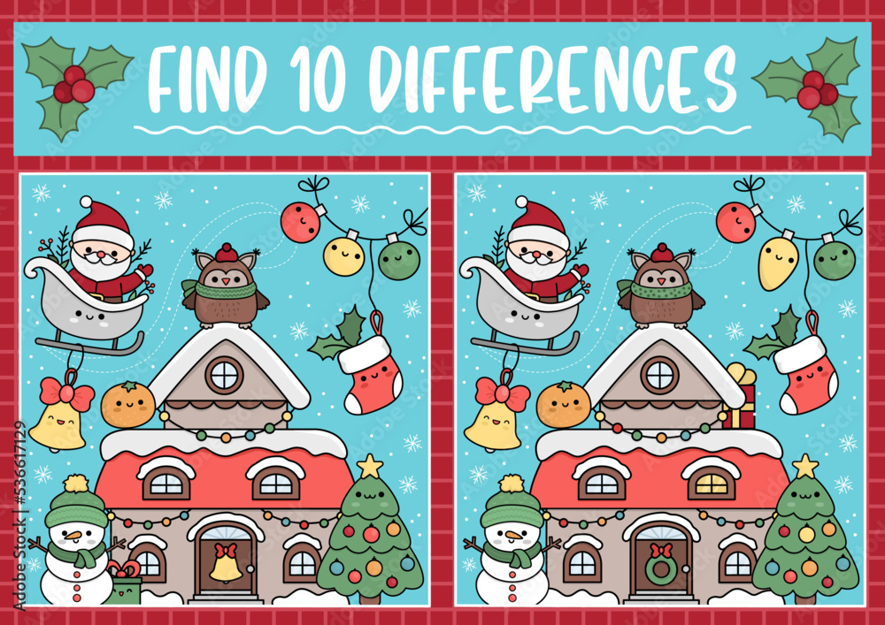Christmas find differences game for children. Attention skills activity ...