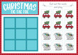 © Lexi Claus - Vector Christmas tic tac toe chart with sledge, car, fir tree. New Year board game playing field with cute kawaii characters. Funny winter holiday printable worksheet. Noughts and crosses grid .