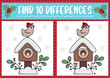 Christmas find differences game for children. Attention skills activity with cute bird and birdhouse. New Year puzzle for kids with funny characters. Printable what is different worksheet.