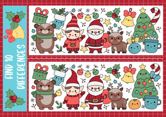 christmas find differences game for children. attention skills activity with cute santa claus, elf, 