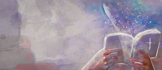 Reading the Bible. Advent. Watercolor background