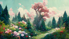 Beautiful Happy Forest With Pink Trees And Flowers Illustration