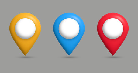 Poster - 3d location map pointer icon, place pin marker sign - isometric red gps map pointers in red frame, destination symbols in 3d. red, orange, blue, location, icon