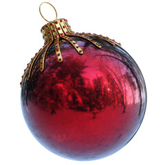 red christmas tree ball glossy with golden parts. winter snow forest reflection. happy new year deco