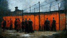 Very Dark Atmosphere And Convicts Gathering In A Dystopian Prison Yard