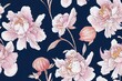 Beautiful peony, anemone flowers with leaves on background. Seamless floral pattern, border. Watercolor painting. Hand drawn illustration. Design for fabric, wallpaper, bed linen, greeting card design