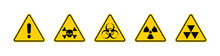 Set Of Warning Signs With A Skull, Biohazard, Radioactive And Fallout Symbols In Yellow Triangle Sign Vector Illustration