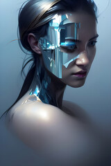 Wall Mural - A 3d digital rendering (NOT A REAL PERSON) of a portrait of a woman with broken blue glass over half of her face. She could be a cyborg or it could represent a depiction of depression. 