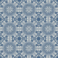 Sticker - Farmhouse blue snow flake pattern background. Frosty batik damask french effect seamless backdrop. Festive cold holiday season wall paper tile. 