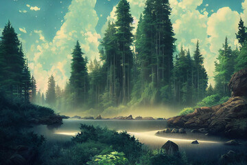 Poster - Beautiful forest illustration with water