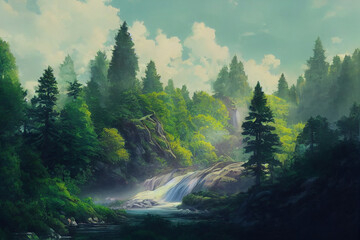 Wall Mural - Beautiful forest illustration with water