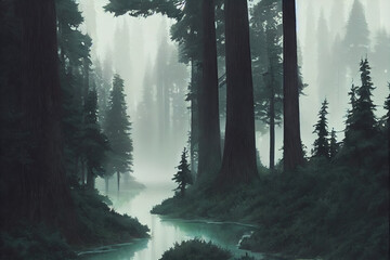 Poster - Forest filled with mist illustration