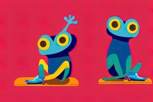 Roller Frog, 2d Illustration. Trendy Dressed Anthropomorphic Frog, Wearing Retro Roller Skates, Sitting On His Haunches Against Buildings' Silhouettes. Animal Character With Human Body. Furry