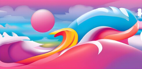 Canvas Print - Abstract background illustration of ocean waves and moon  in pastel colors for wallpaper