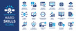 Hard skills icon set. Containing degree certificates, foreign language, software, computer skill and more. Solid vector symbol collection.