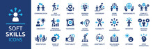 Soft Skills Icon Set. Containing Communication, Empathy, Assertiveness, Personality, Problem-solving, Creativity, Punctuality And Work Ethics Icons. Solid Icons Vector Collection.