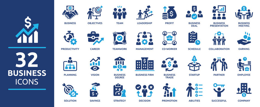 business icon set. business team, meeting, partnership, startup, planning, company, management, prof