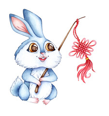 Watercolor illustration of a blue rabbit with a stick on which is a Chinese keychain. Holiday, celebration, New Year. Ideal for t-shirts, cards, prints. Isolated on white background. drawn