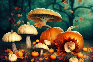 Canvas Print - Autumn trees with pumpkin acorns and mushroom Happy Thahksgiving 3d render 3D Illustration