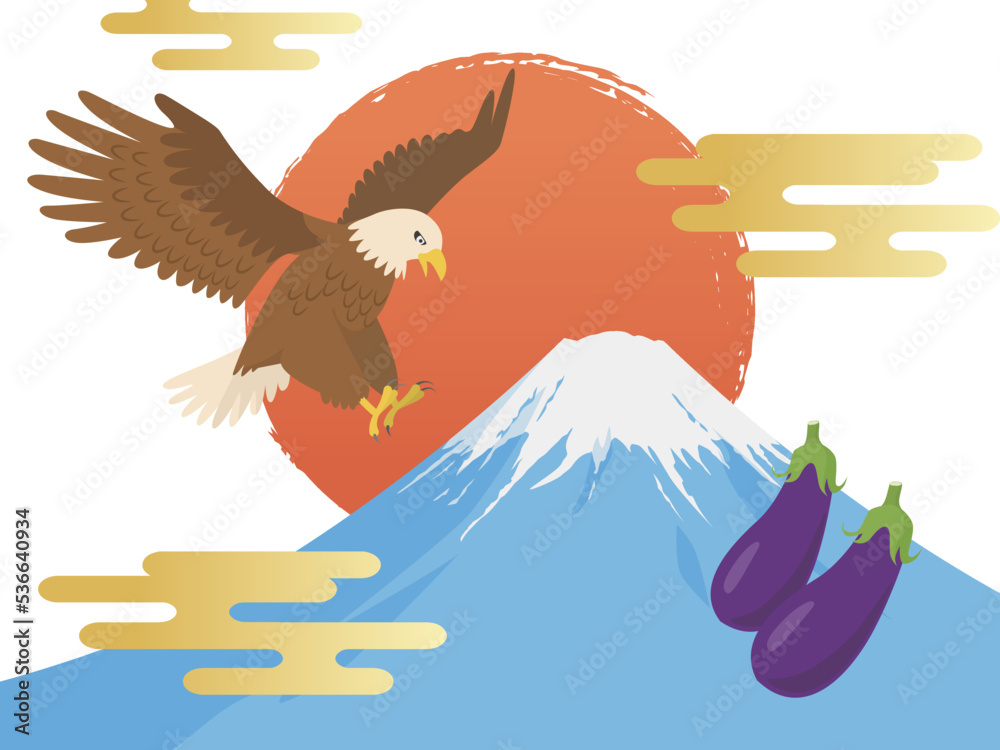 淡い色合いの日本画風掛軸、一富士二鷹三茄子の絵柄。 - デザイン: 一