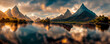 Mountain panorama of a beautiful alpine autumn view with reflections in a lake. Mountain landscape, lake and mountain range, large panorama. 