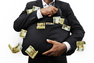 Black Businessman holding black bag full of Zambian Kwacha notes isolated on white background, money falling from bag