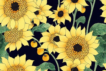 Canvas Print - Seamless pattern of pumpkins and sunflowers autumn background watercolor drawings