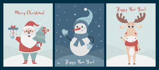 Wall Mural - Merry Christmas greeting cards with Christmas characters Santa Claus with Christmas tree, snowman and cute deer. Vector vertical design templates. Xmas and New 2023 Year celebration preparation.