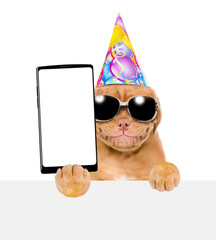 Poster - Happy mastiff puppy wearing party cap and sunglasses holds big smartphone with white blank screen in it paw, showing close to camera above white banner. Empty free space for mock up, banner