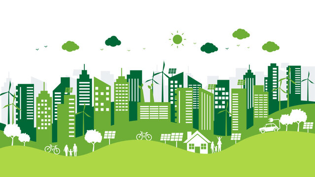 ecology and environment with green city on white background. renewable friendly energy sources. sust