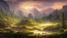 Sunset In The Mountains With Trees, Meadow, Clouds And Mist - Valley Landscape Wallpaper - D&d Art - Dungeons & Dragons - Lord Of The Rings - Fantasy - Painted Illustration - Concept Art - Background