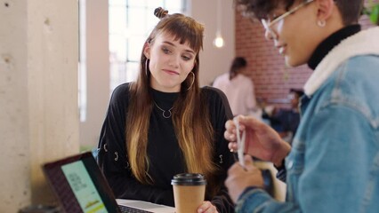 Poster - Business people, laptop and teamwork in busy office for digital marketing startup, web design software and ux collaboration. Smile, happy and talking creative man and cool woman with advertising tech