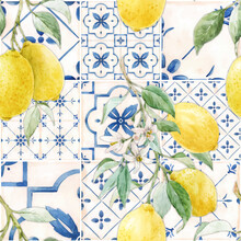 Beautiful Vector Seamless Pattern In Sicilian Style With Hand Drawn Watercolor Lemons And Blue Tiles. Stock Illustration.