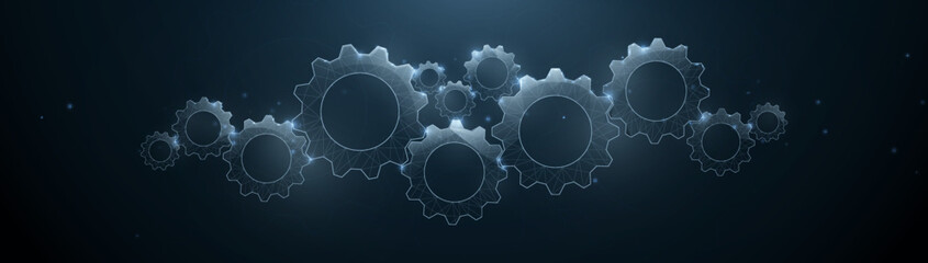 Poster - 3D gear wheels are made from lines, triangles, low polygons, and particle style. Vector illustration