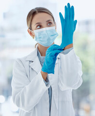 Poster - Doctor mask, covid gloves and woman ready for operation, surgery or examination. Health, healthcare and medical female professional safety ppe, corona virus or bacteria, germs and disease prevention