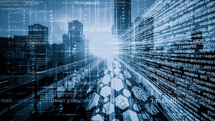 Software development, application programming code and tacit computer coding . Concept of smart digital transformation and technology disruption that changes global trends in new information era .