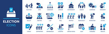 Election And Voting Icon Set. Containing Democracy, Vote, Government, Voting, Campaign, Political, Voter, Ballot, Candidate And President Icons. Solid Icons Vector Collection.